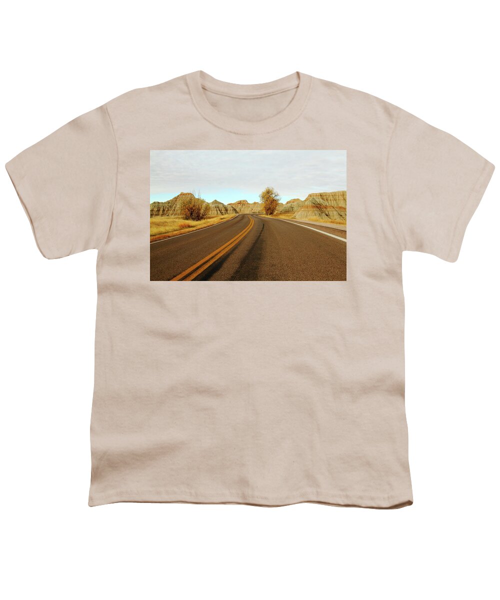 Badlands National Park Youth T-Shirt featuring the photograph Badland Blacktop by Lens Art Photography By Larry Trager