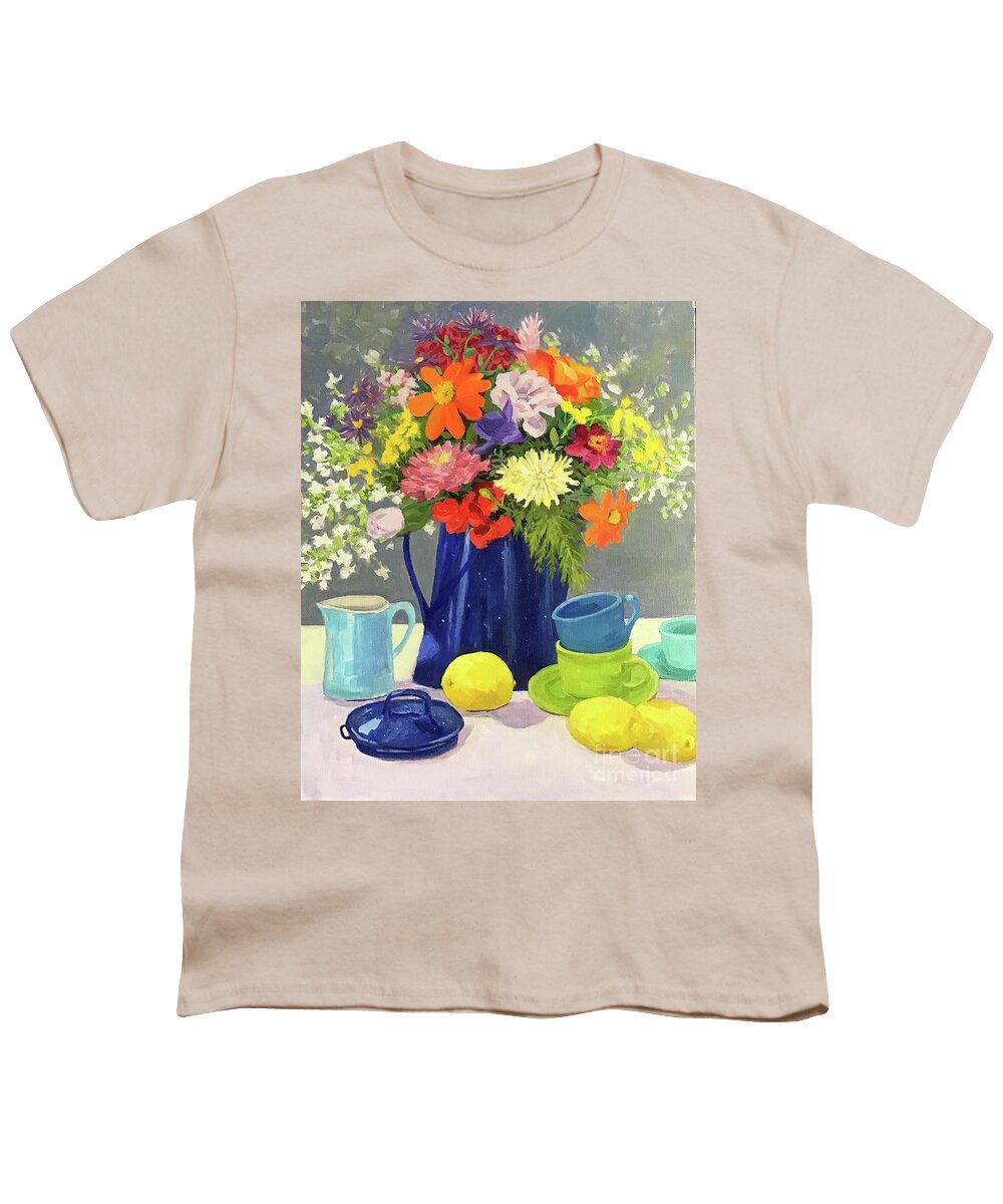 Blue Youth T-Shirt featuring the painting Blue Coffeepot Bouquet by Anne Marie Brown