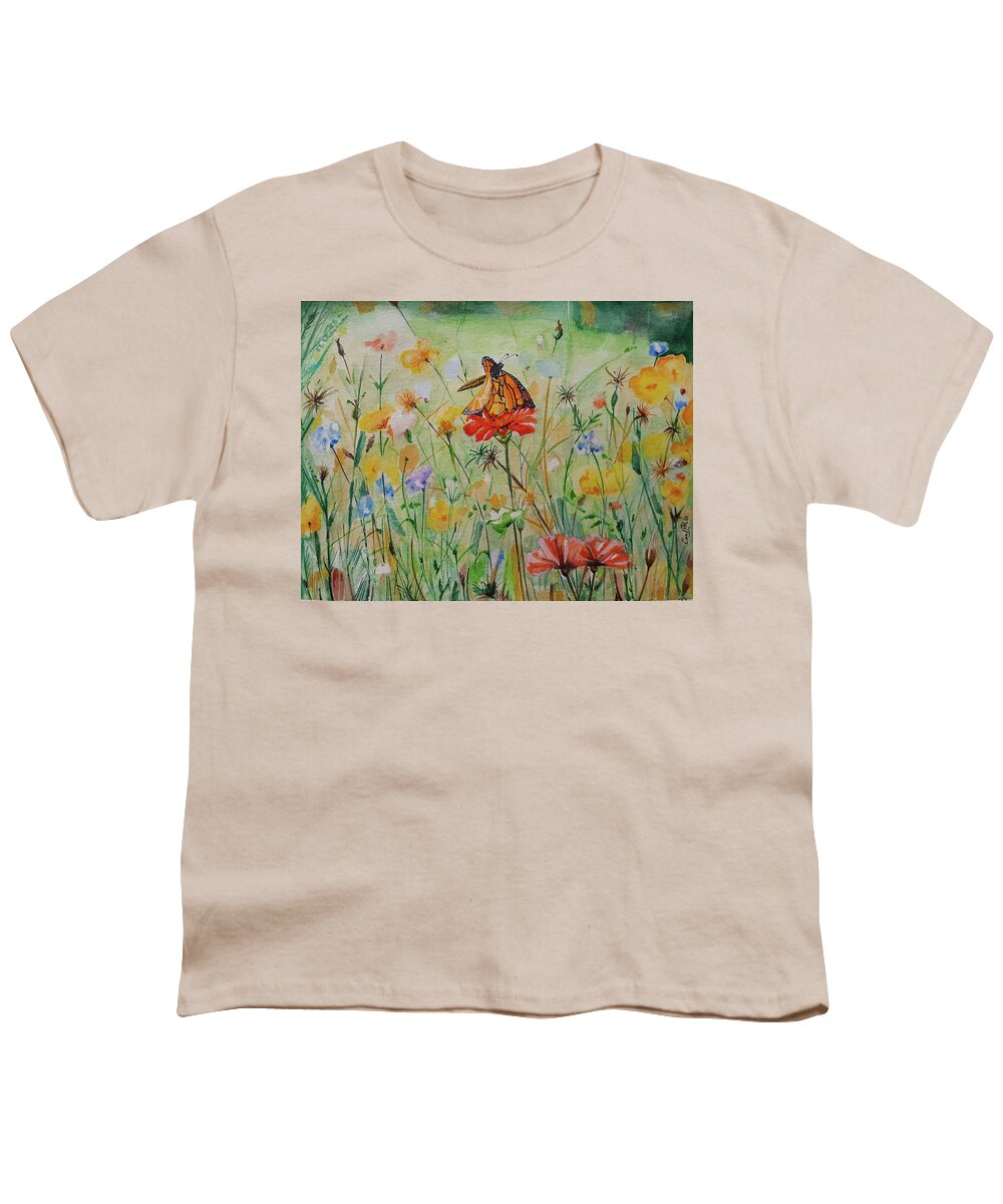 Butterfly Youth T-Shirt featuring the painting Wild flowers and butterfly by Carolina Prieto Moreno