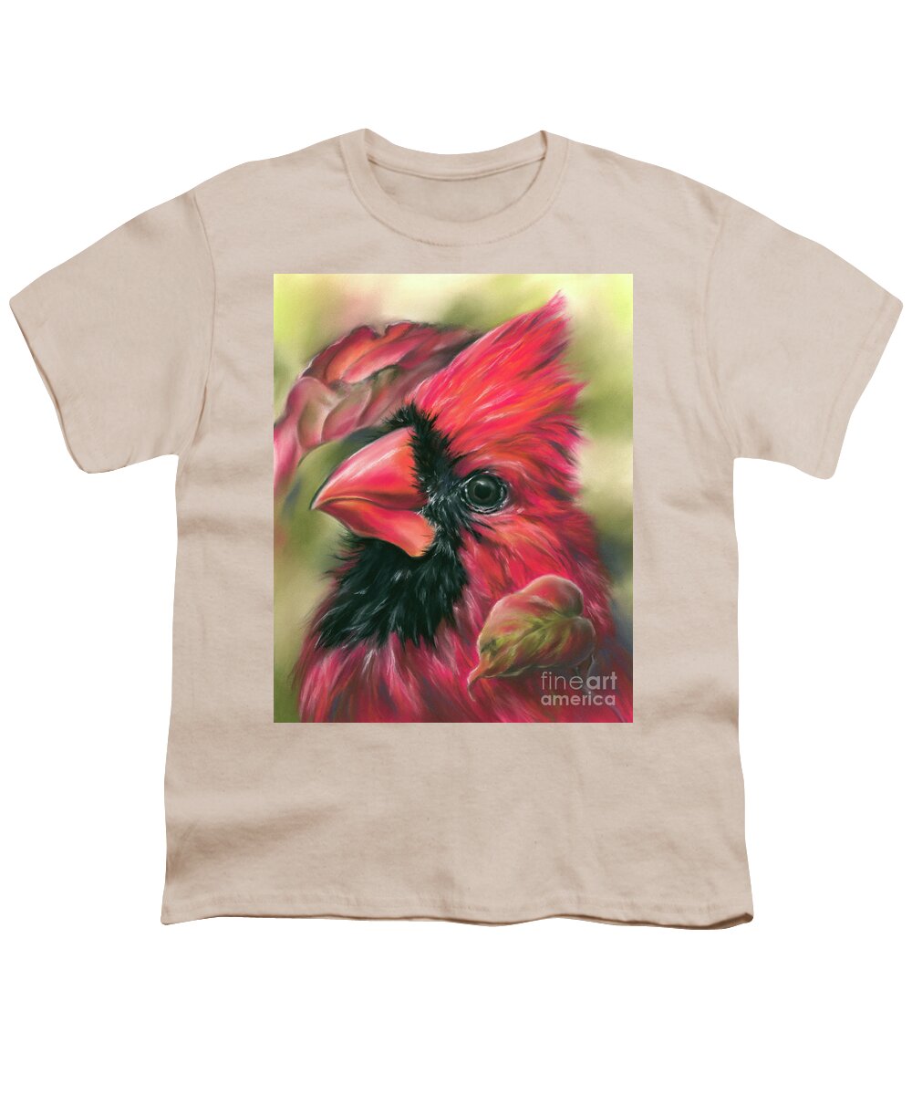 Bird Youth T-Shirt featuring the painting Cardinal Songbird with Autumn Dogwood Leaves by MM Anderson
