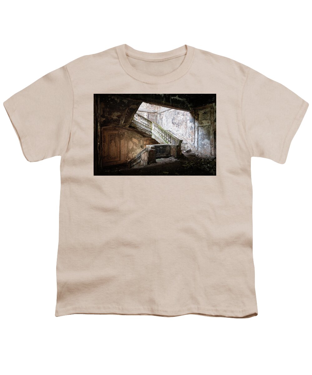 Abandoned Youth T-Shirt featuring the photograph Dark Concrete Stairs by Roman Robroek