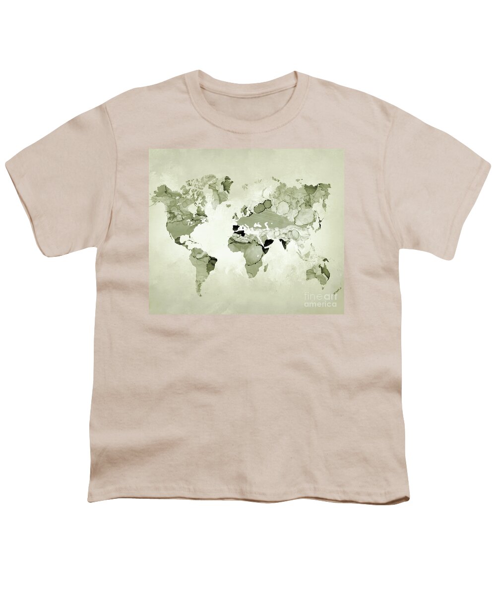 World Map Youth T-Shirt featuring the mixed media Design 123 Olive Green World Map by Lucie Dumas