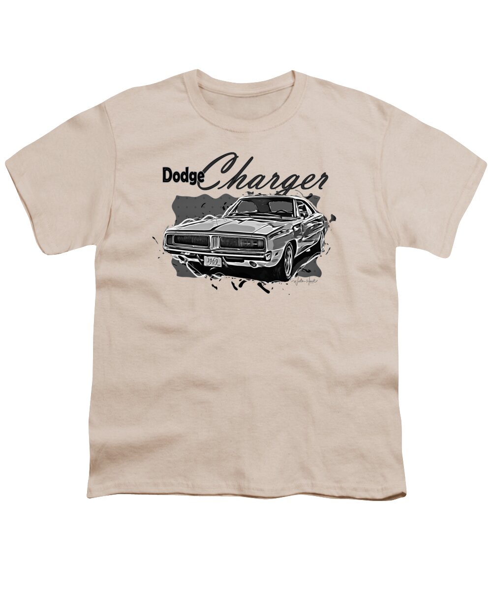Dodge Youth T-Shirt featuring the mixed media Dodge Charger American Muscle Car BW by Walter Herrit