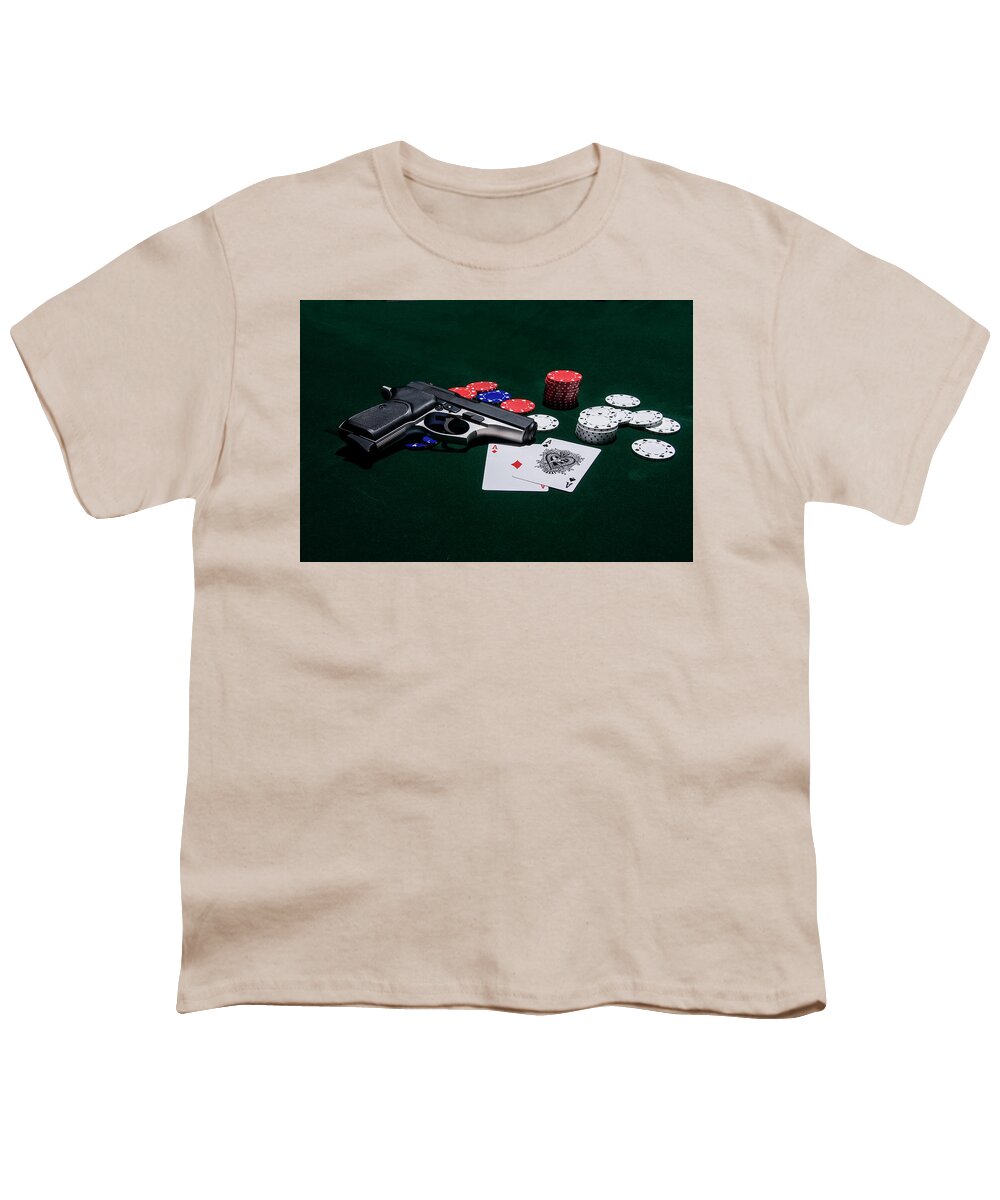 Poker Youth T-Shirt featuring the photograph Draw Poker and Pair of Aces and a Gun by Bob Decker