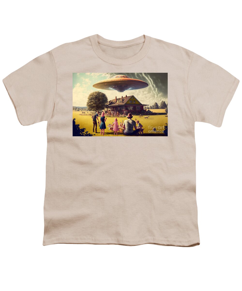 Flying Youth T-Shirt featuring the mixed media Flying Saucer Frenzy VII by Jay Schankman