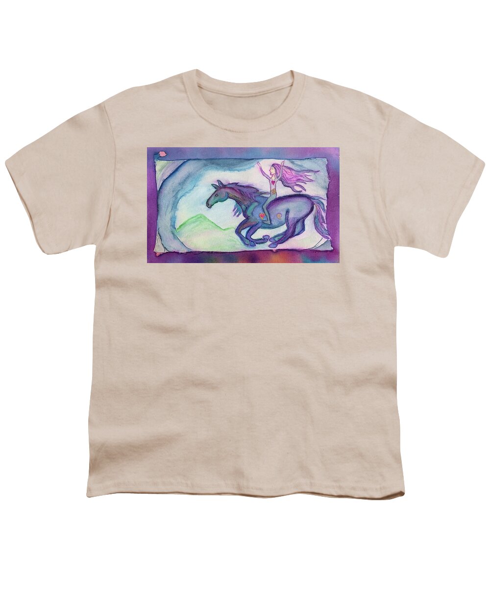 Horse Youth T-Shirt featuring the painting Galloping Free As One by Sandy Rakowitz