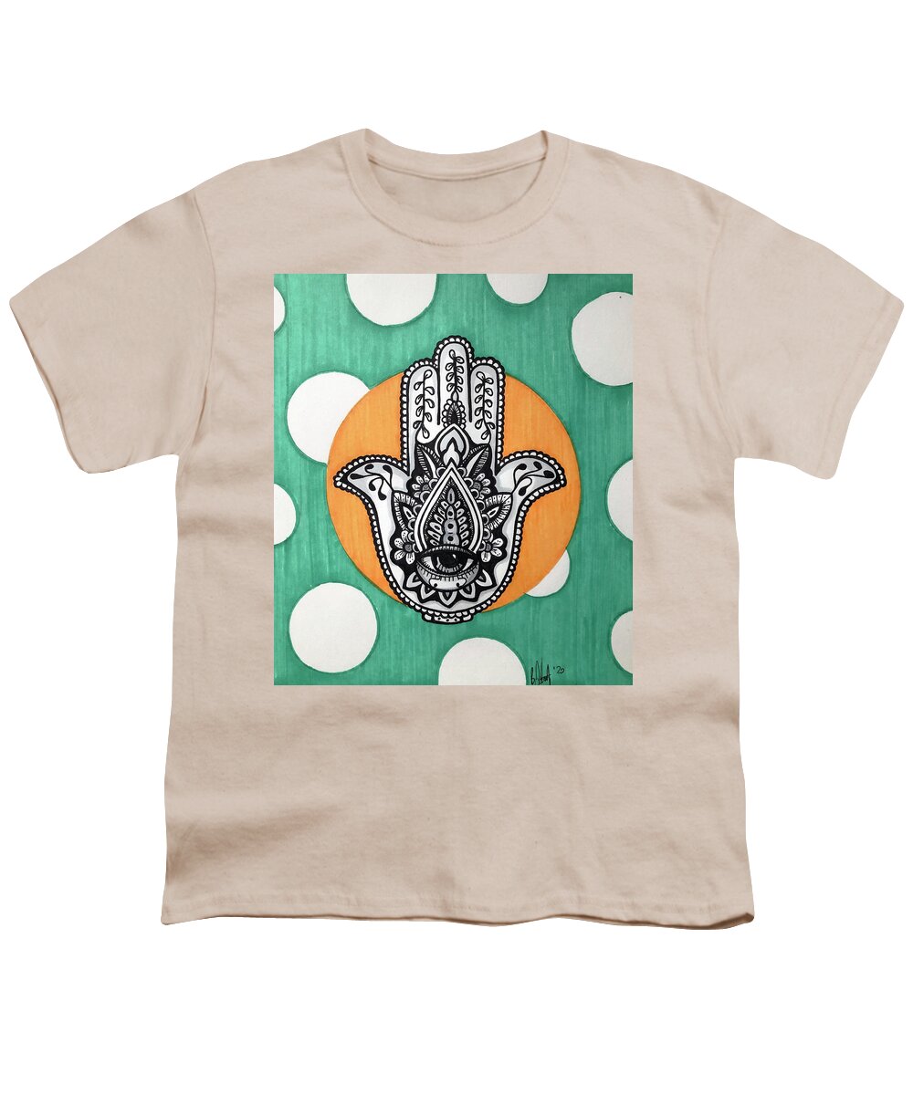 Hamsa Youth T-Shirt featuring the drawing Hamsa on Green by Creative Spirit