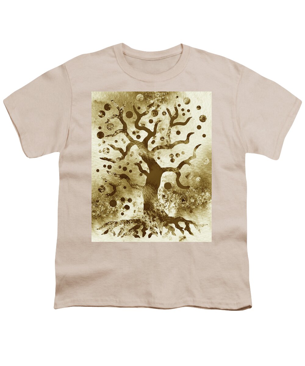 Tree Of Life Youth T-Shirt featuring the painting Happy Magical Tree Of Life Silhouette Abstract Watercolor Beige Brown Cream Gold by Irina Sztukowski