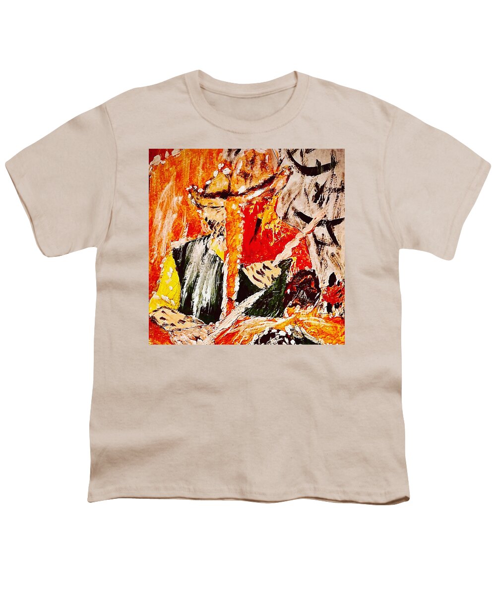  Youth T-Shirt featuring the painting Iconic Bull Rider by Bencasso Barnesquiat