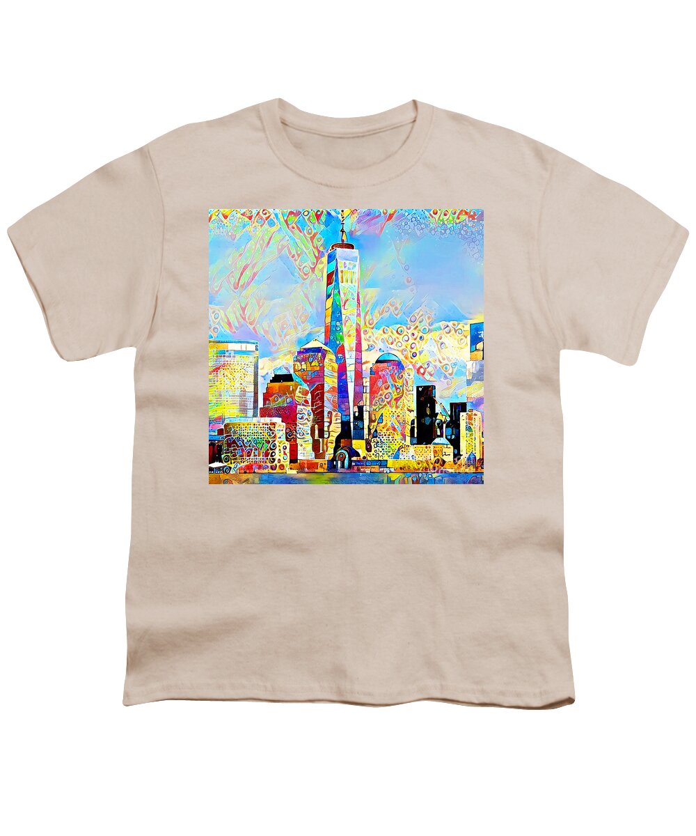 Wingsdomain Youth T-Shirt featuring the photograph One World Trade Center New York Skyline in Bright Cheerful Colorful Contemporary Elements 20200426sa by Wingsdomain Art and Photography