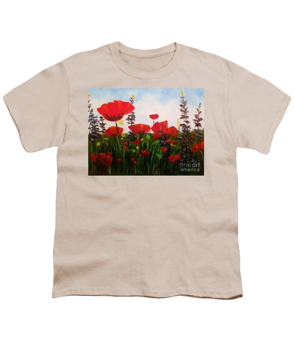 Poppies Youth T-Shirt featuring the painting Poppies With Delphinium by Lee Piper