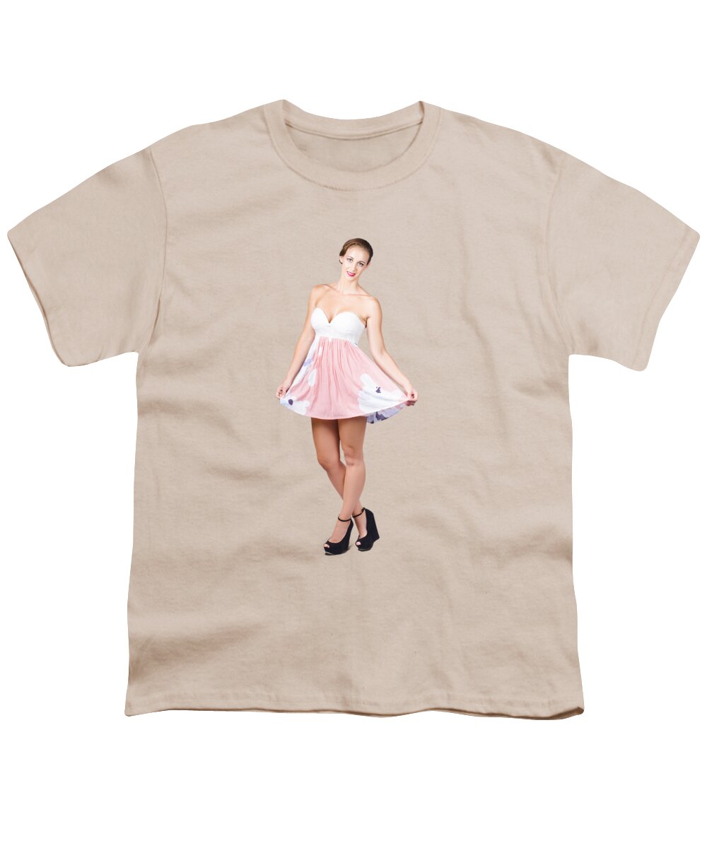 Elegance Youth T-Shirt featuring the photograph Pretty woman in curtsy pose wearing pink dress by Jorgo Photography