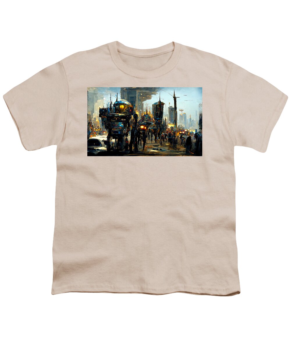 Cyberpunk Youth T-Shirt featuring the painting Robo-City, 05 by AM FineArtPrints