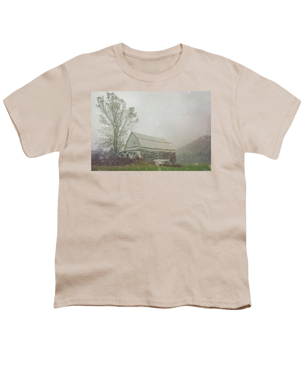 Snow Squall Youth T-Shirt featuring the photograph Rustic Barn - Snow squall in Granville, VT by Joann Vitali
