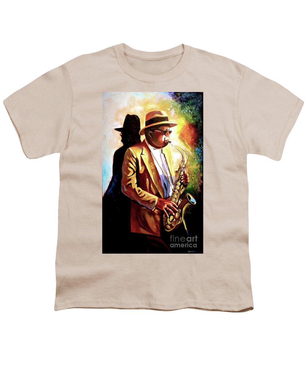 Sax Youth T-Shirt featuring the painting Sax Player by Jose Manuel Abraham