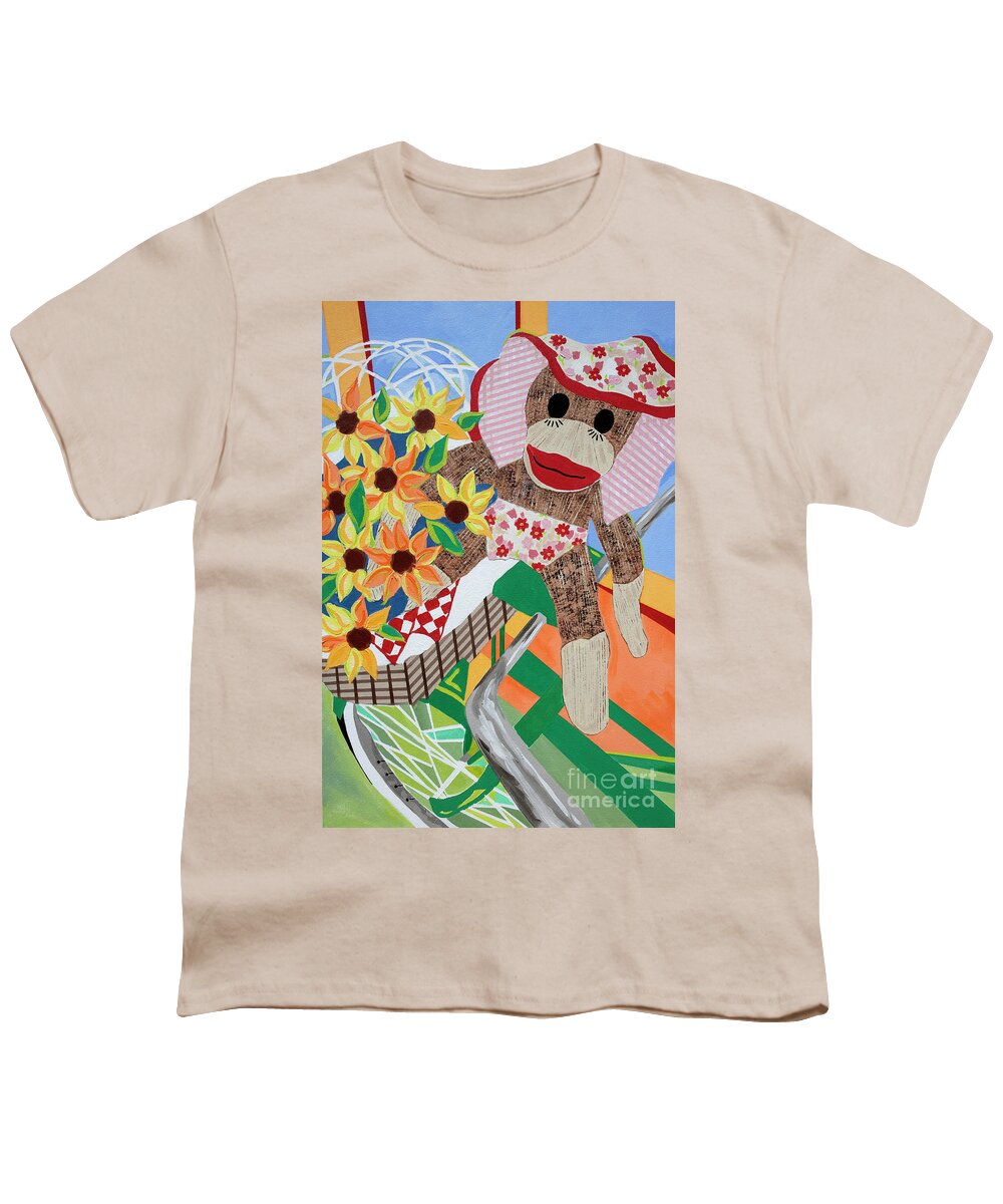 Baby Sock Monkey Painting Youth T-Shirt featuring the painting Sock Monkey and The Green Bike by Jane Crabtree