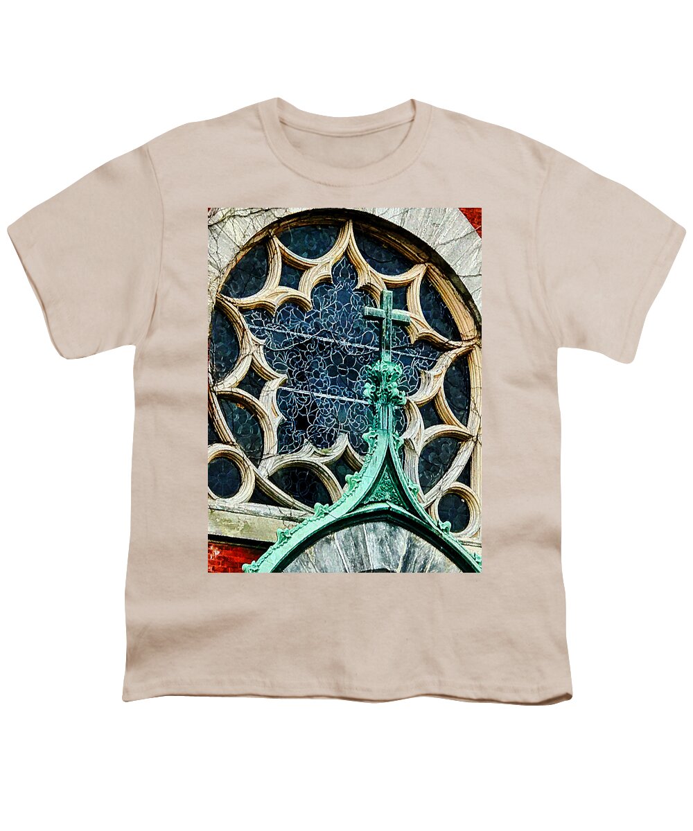  Youth T-Shirt featuring the photograph Stain glass with Cross by Stephen Dorton