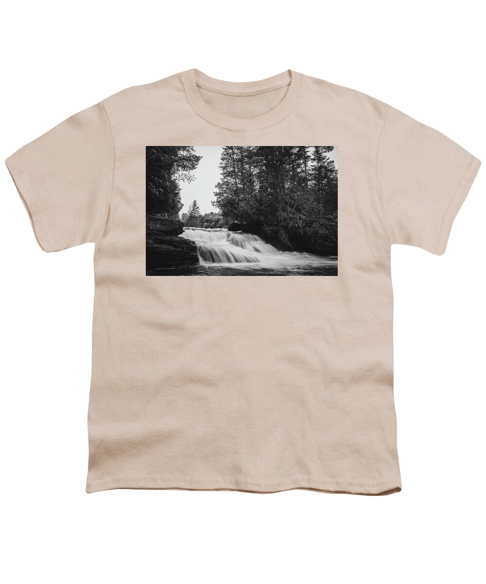 Tahquamenon Falls Black And White Lower Falls Youth T-Shirt featuring the photograph Tahquamenon Falls Lower Black And White by Dan Sproul