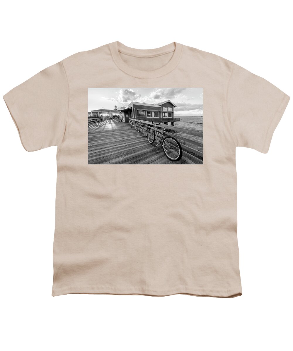 Black Youth T-Shirt featuring the photograph Three Bicycles on the Dock Black and White Jekyll Island by Debra and Dave Vanderlaan