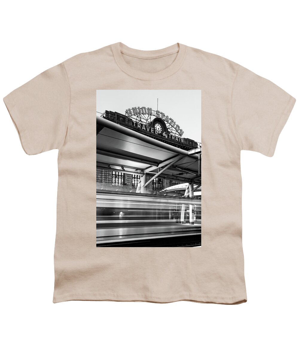Denver Colorado Youth T-Shirt featuring the photograph Traveling Through the Denver Colorado Union Train Station - Black and White by Gregory Ballos