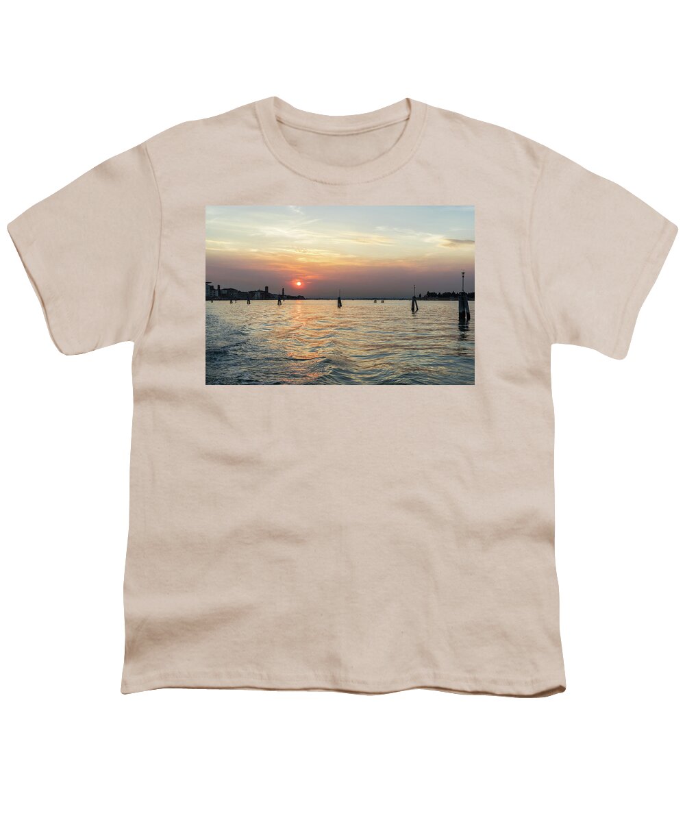 Venetian Lagoon Youth T-Shirt featuring the photograph Venetian Lagoon Travel - Sailing on the Silky Sunpath by Georgia Mizuleva