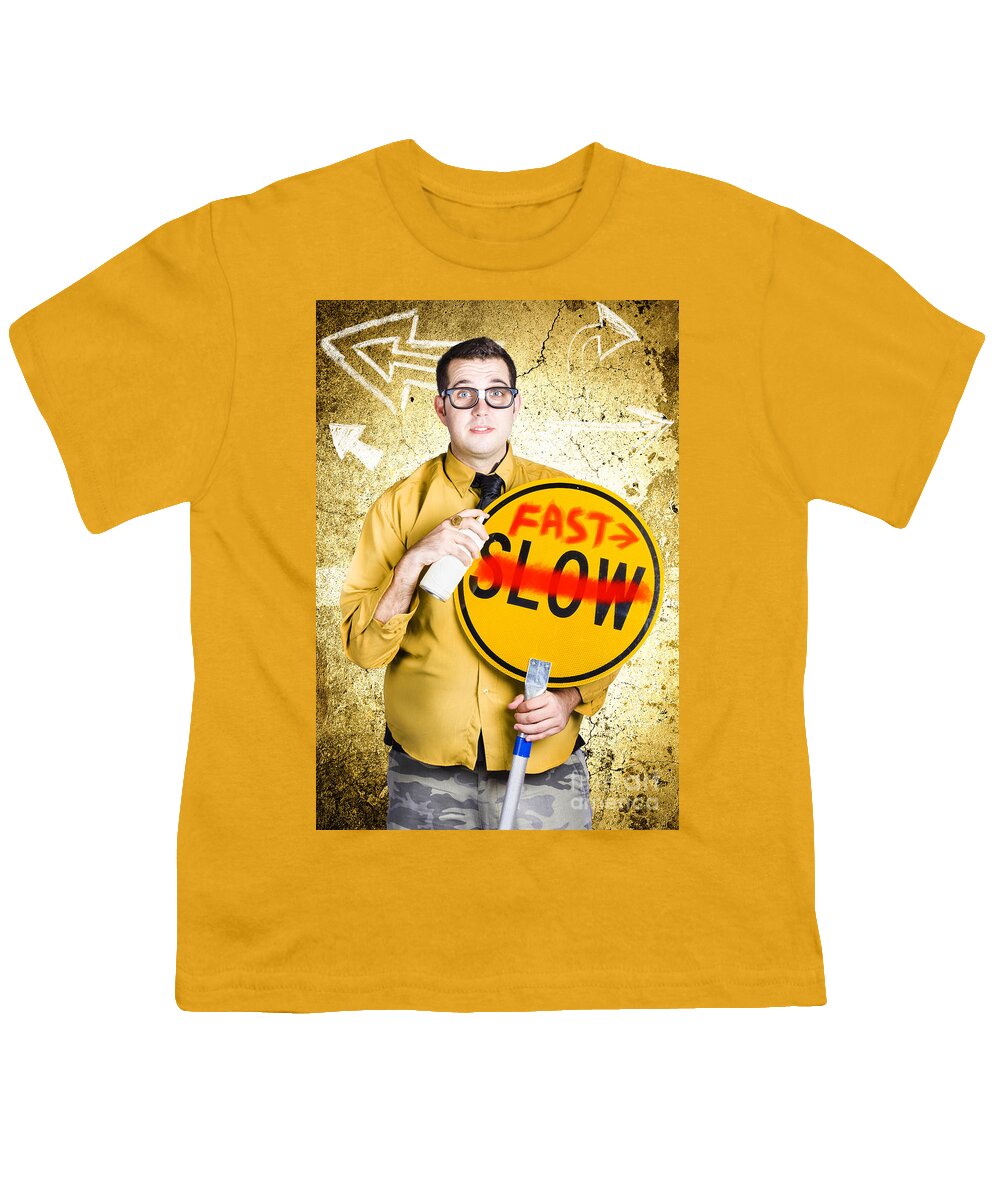 Speed Youth T-Shirt featuring the photograph Worker showing sign to fast track productivity #1 by Jorgo Photography
