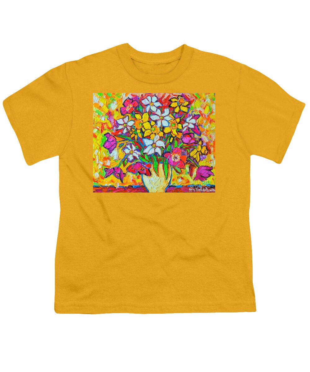Daffodil Youth T-Shirt featuring the painting Spring Flowers Bouquet Colorful Tulips And Daffodils by Ana Maria Edulescu