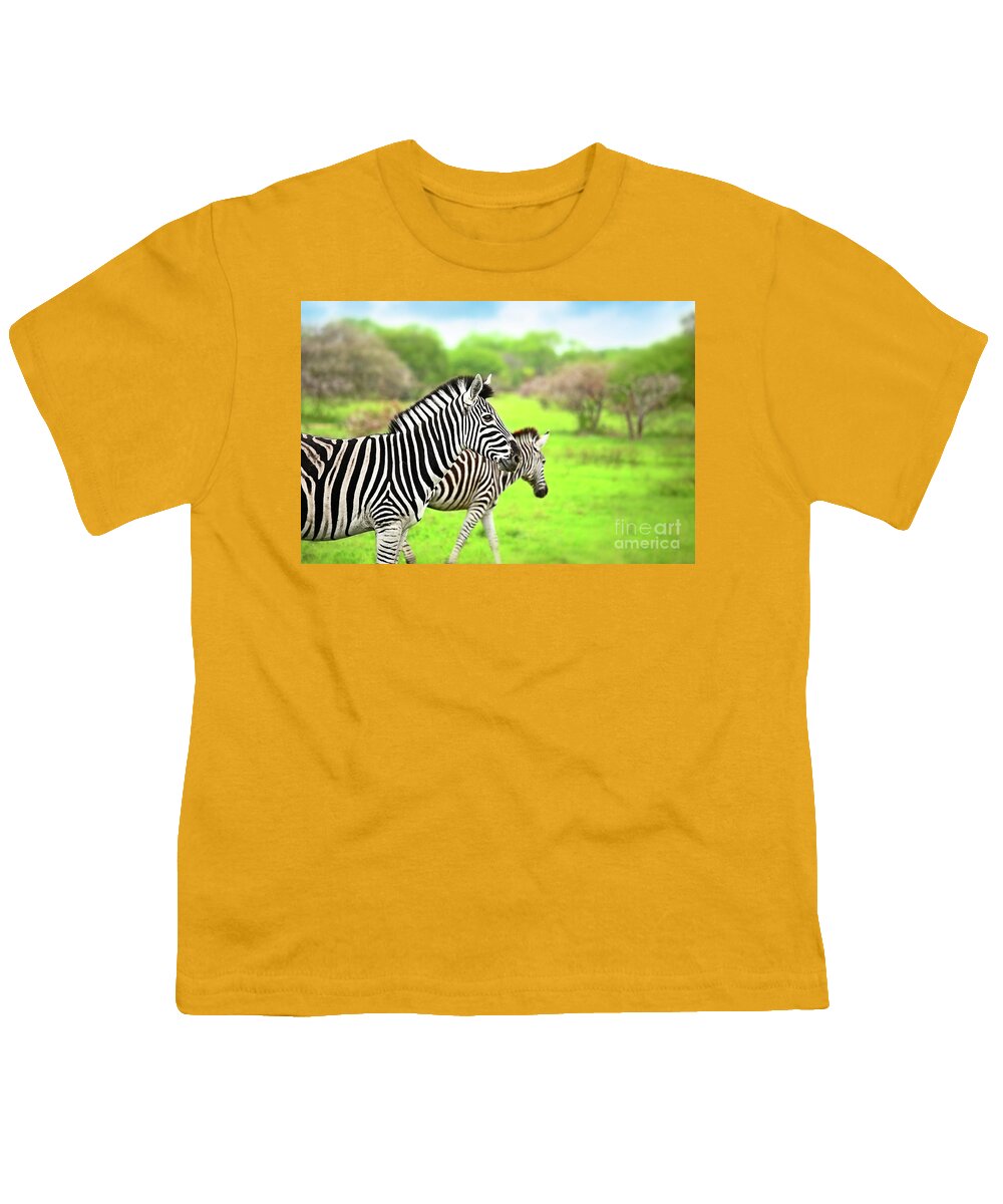 Adventure Youth T-Shirt featuring the photograph Wild zebras of African continent #2 by Anna Om