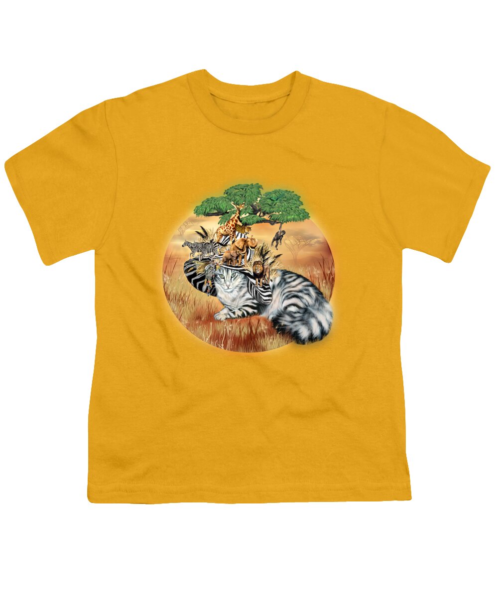 Cat Art Youth T-Shirt featuring the mixed media Cat In The Safari Hat by Carol Cavalaris