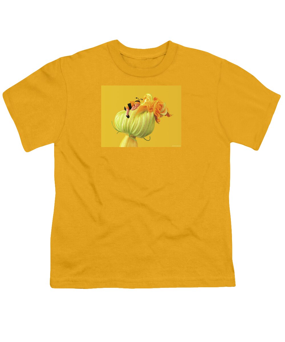 Yellow Youth T-Shirt featuring the photograph Baby Bee on a Pumpkin Flower by Anne Geddes