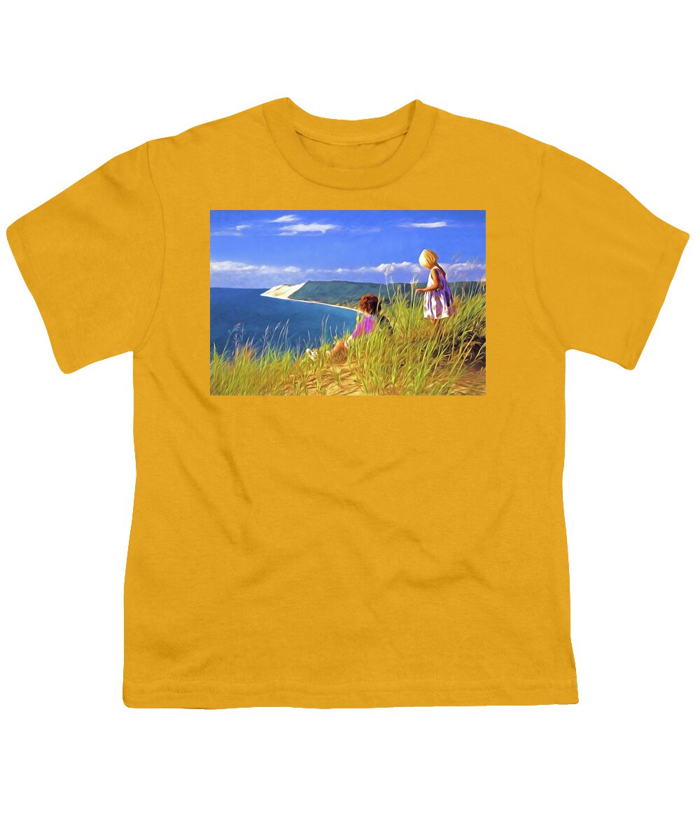 Usa Youth T-Shirt featuring the digital art Children on the Dunes by Dennis Cox