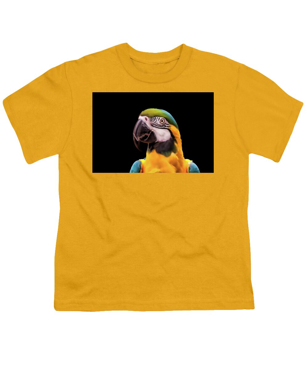 Animal Youth T-Shirt featuring the digital art Digital Painting of a Blue and Yellow Macaw Parrot by Tim Abeln