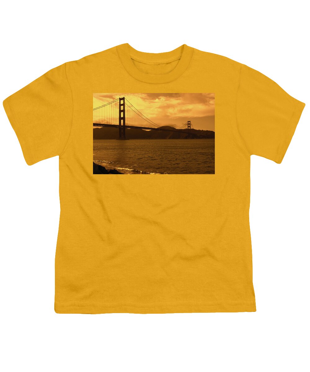 San Francisco Youth T-Shirt featuring the photograph Golden skies over the Golden Gate Bridge by Aidan Moran