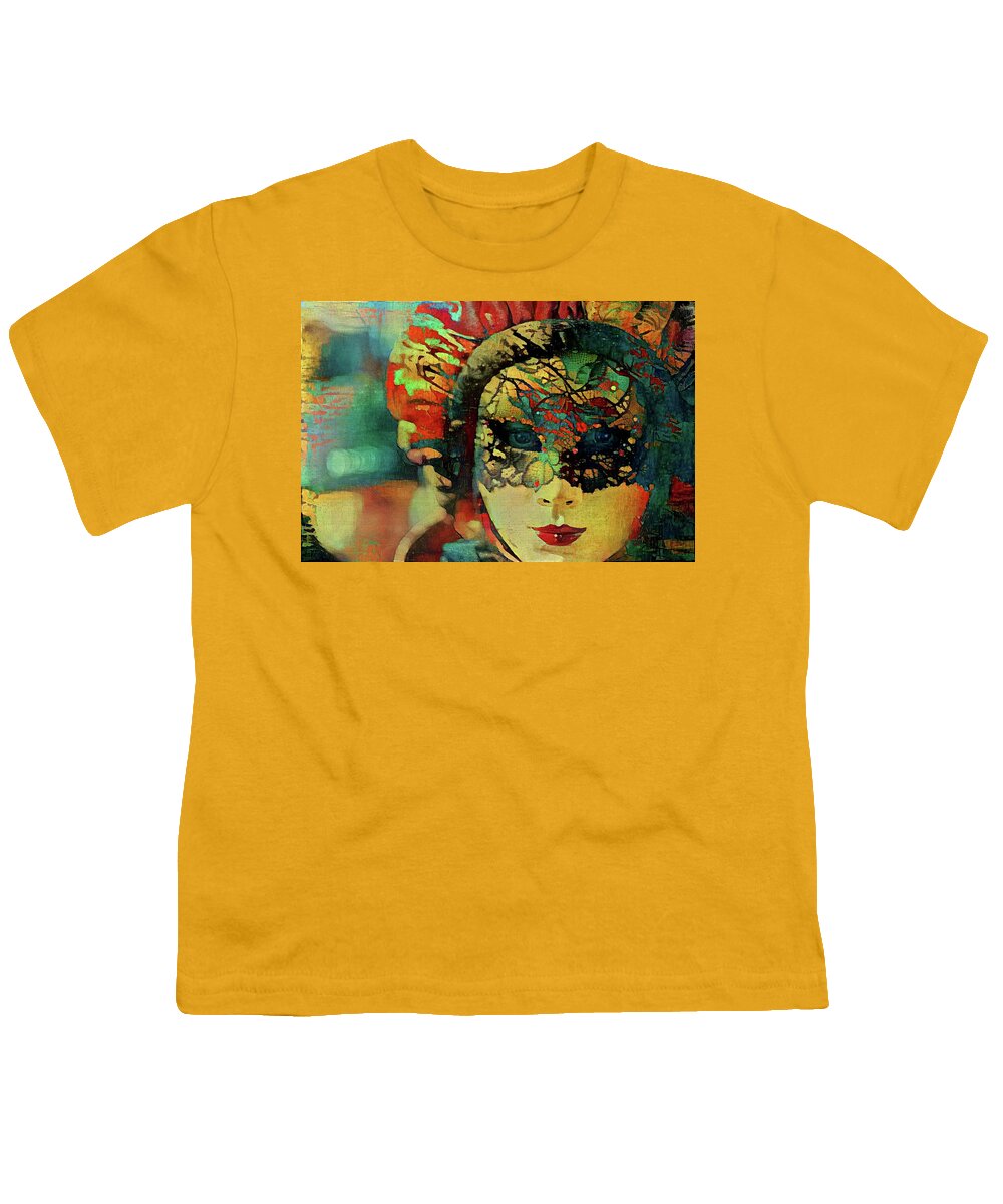 Mysterious Youth T-Shirt featuring the mixed media Mysterious mask by Lilia S