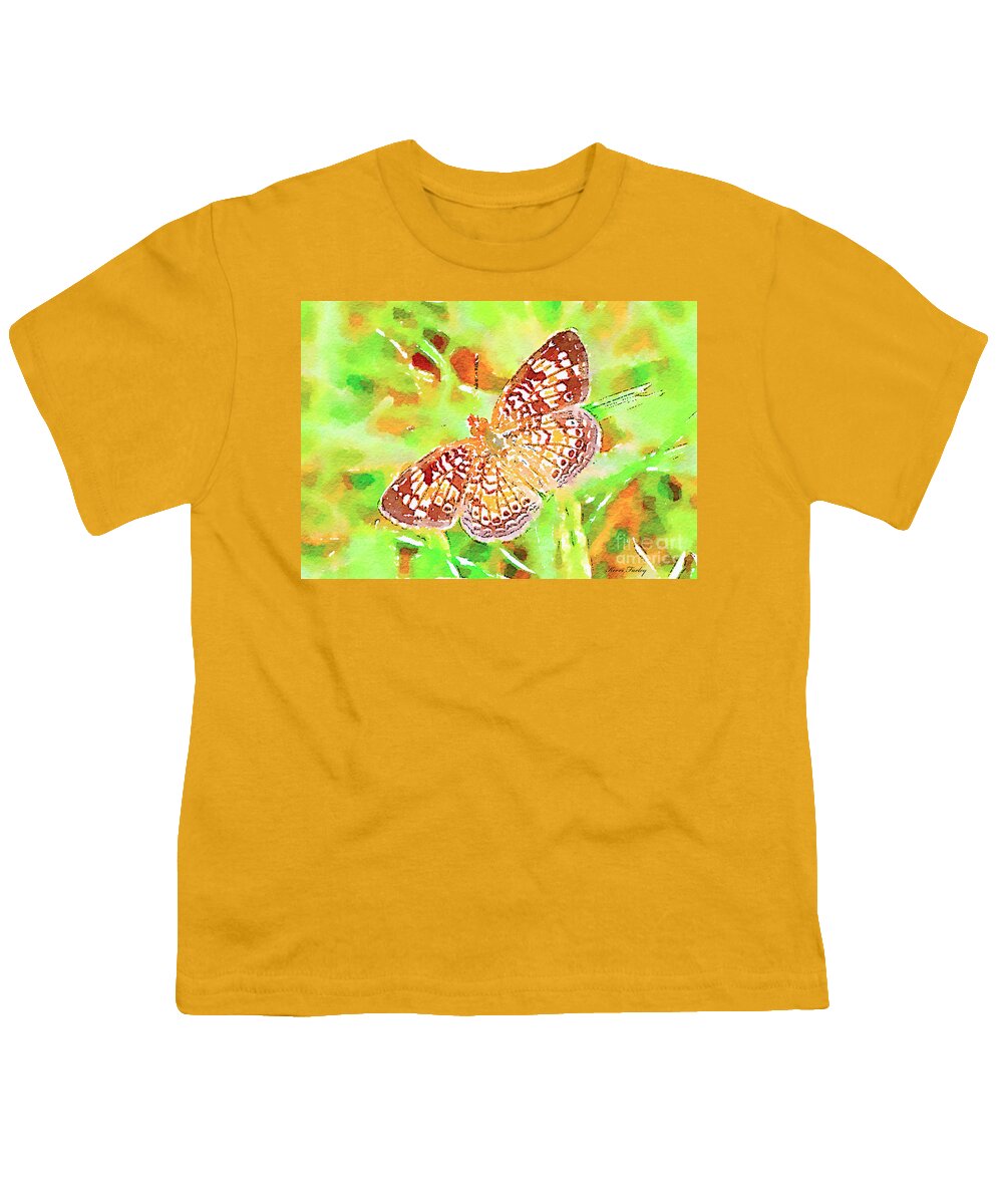 Digital Watercolor Youth T-Shirt featuring the photograph Orange Butterfly - Digital Watercolor by Kerri Farley