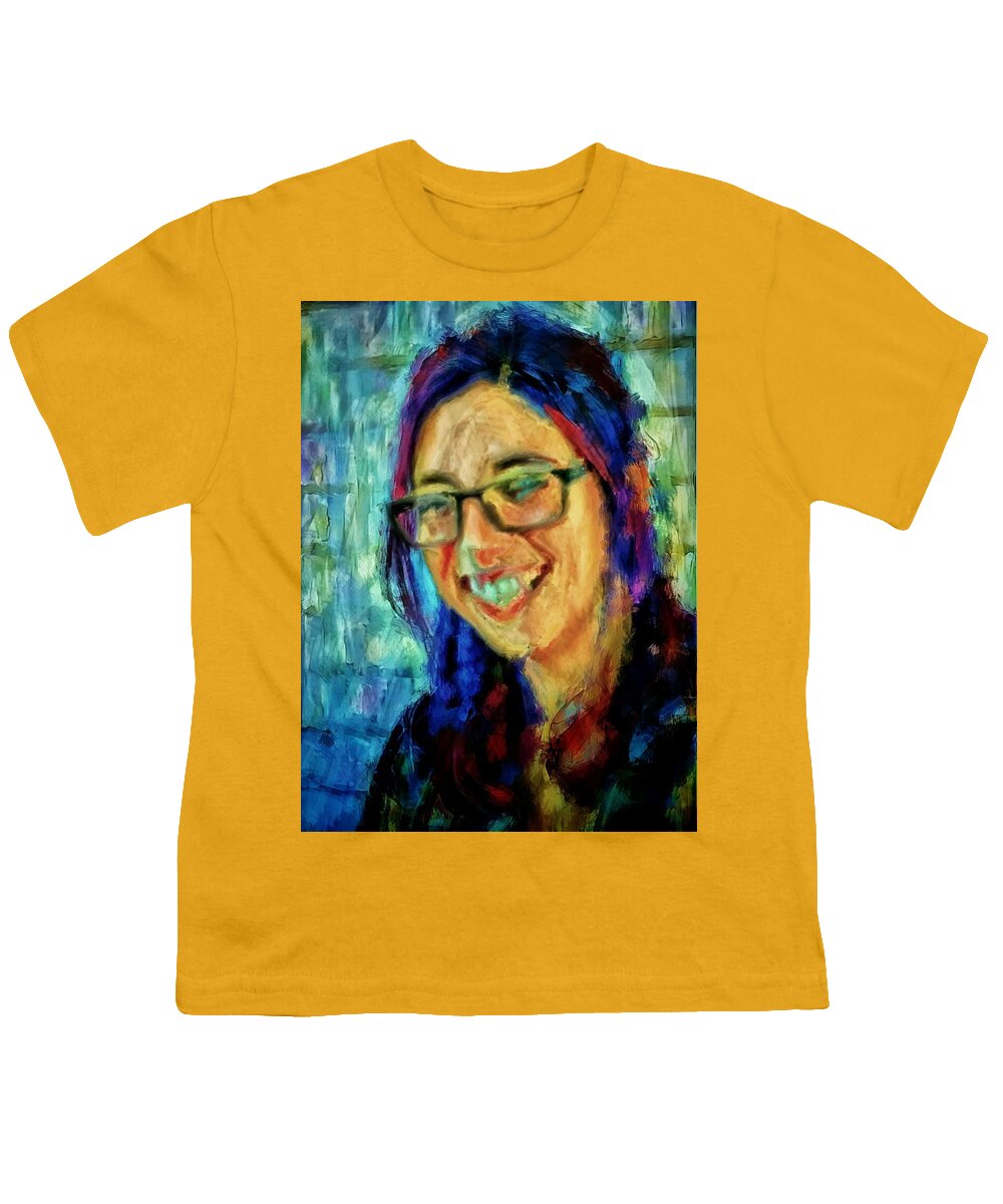 Portrait Painting Youth T-Shirt featuring the painting Portrait painting in acrylic paint of a Young Fresh Girl with colorful hair in a library with books by MendyZ