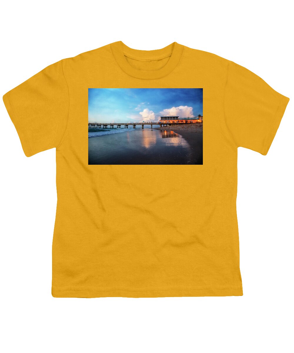 Clouds Youth T-Shirt featuring the photograph Reflections at Dawn at the Pier by Debra and Dave Vanderlaan