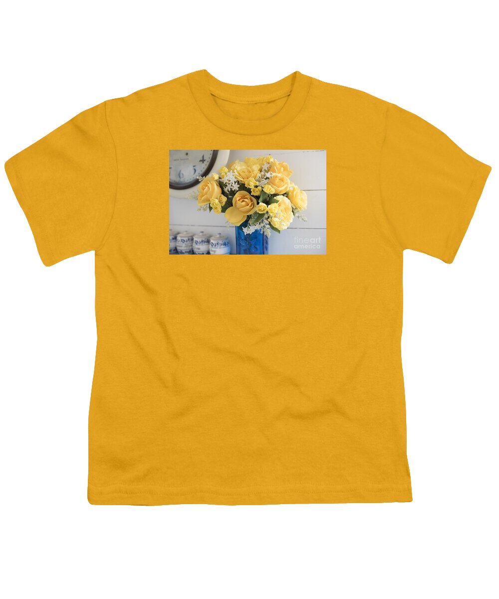 Aqua Youth T-Shirt featuring the photograph Yellow Flowers in a Blue Vase by Juli Scalzi