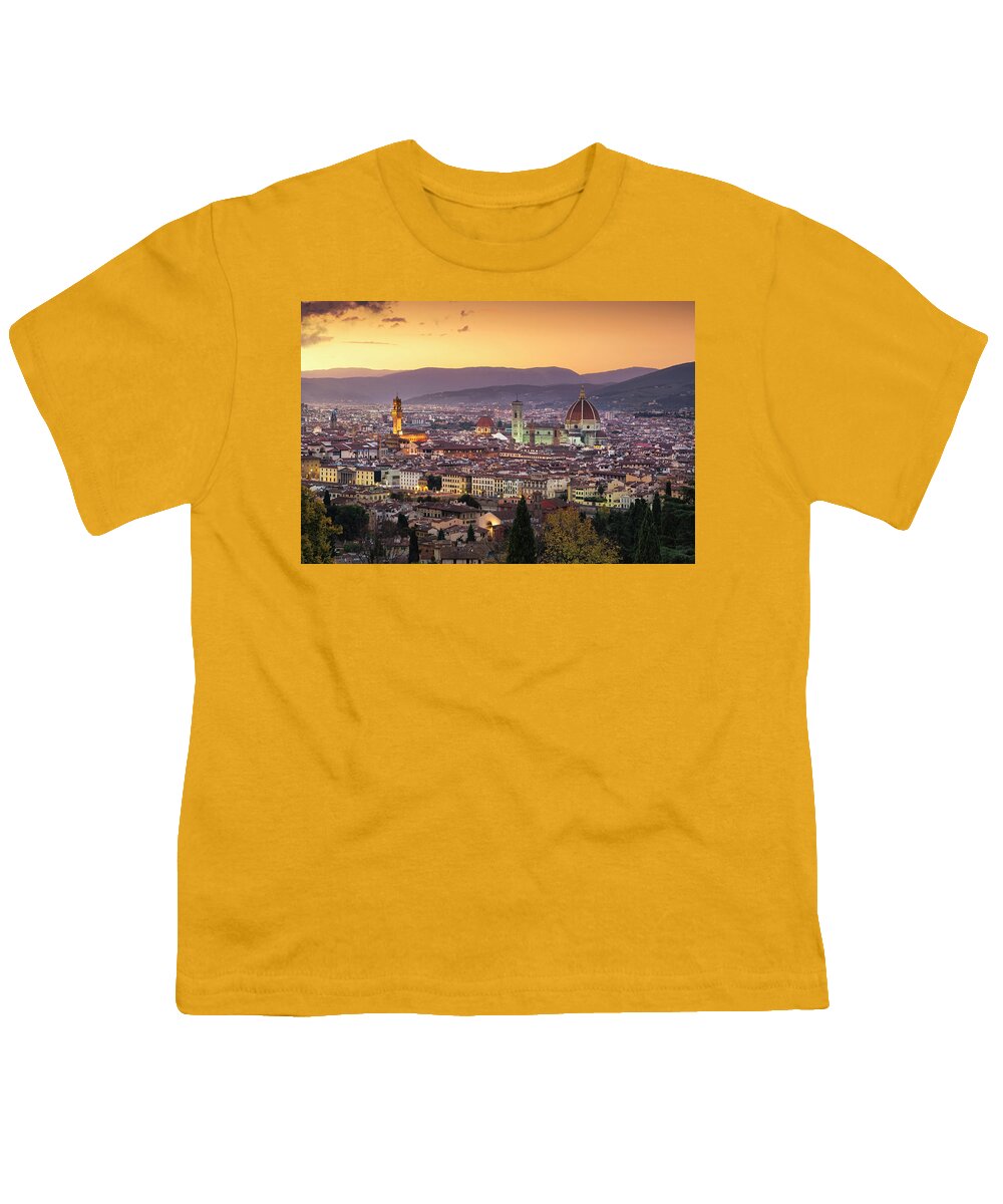 Florence Youth T-Shirt featuring the photograph Florence or Firenze sunset aerial cityscape.Tuscany, Italy #1 by Stefano Orazzini