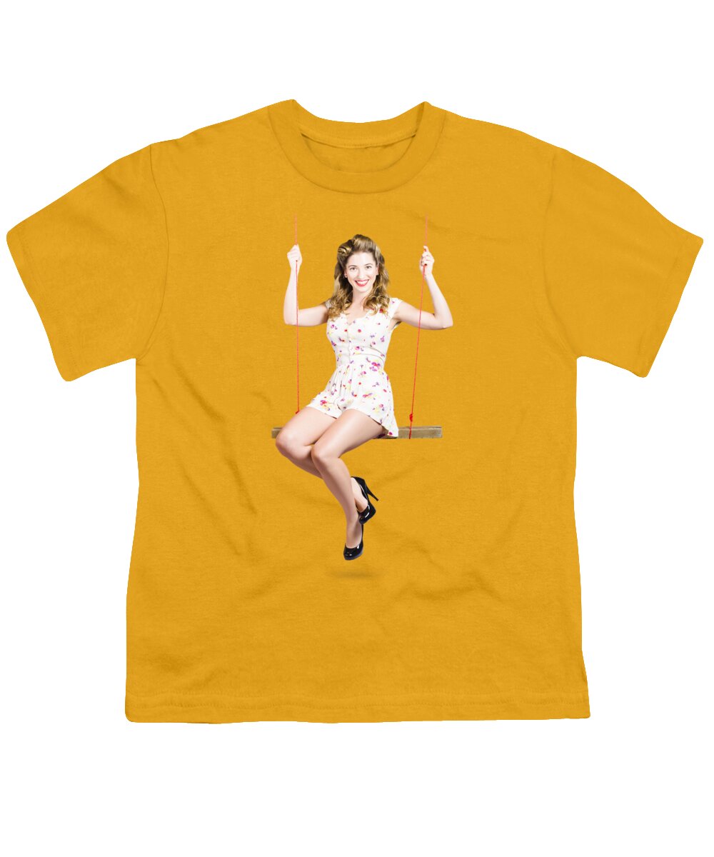 Retro Youth T-Shirt featuring the photograph Beautiful fifties pin up girl smiling on swing by Jorgo Photography