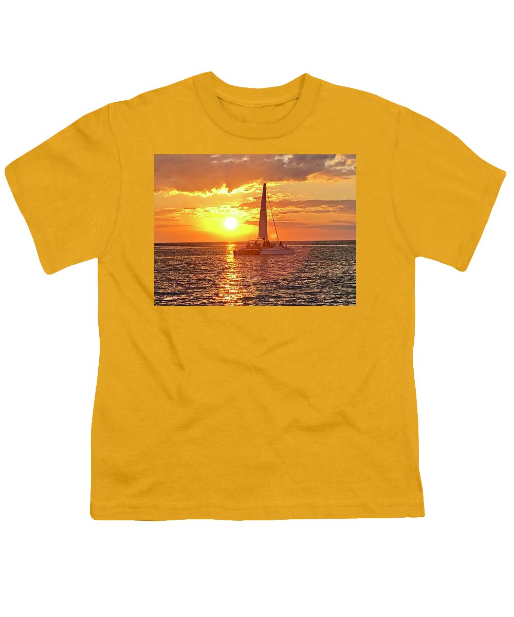 Beach Youth T-Shirt featuring the photograph Catamaran Sailing Past Sunset in Captiva Island Florida 2019 by Shelly Tschupp