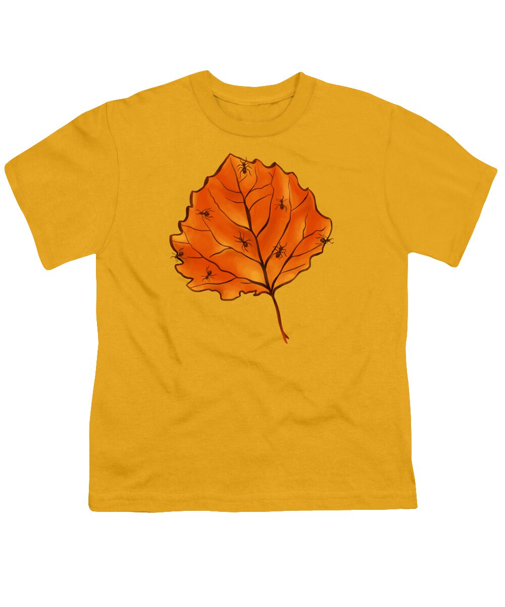 Autumn Leaf Youth T-Shirt featuring the digital art Autumn Leaf And Ants In Yellow Orange by Boriana Giormova