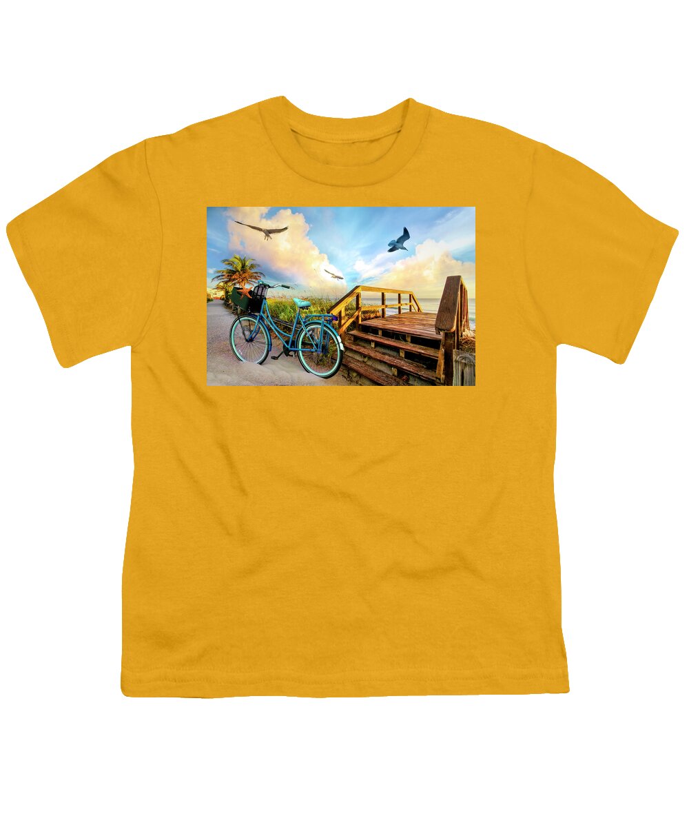 Birds Youth T-Shirt featuring the photograph Beach Bicycle at Sunrise by Debra and Dave Vanderlaan