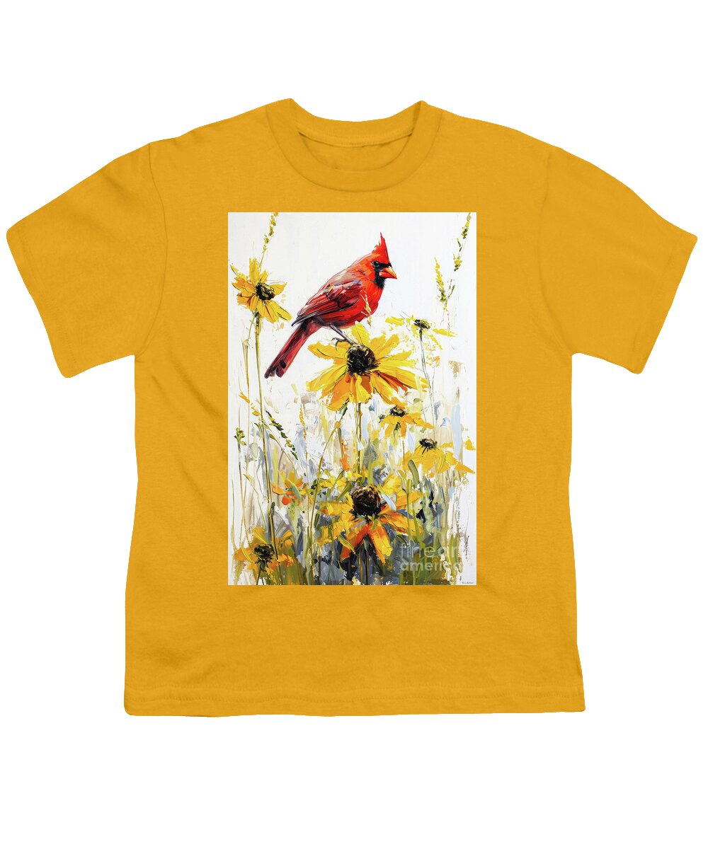 Northern Cardinal Youth T-Shirt featuring the painting Cardinal In The Daisies by Tina LeCour