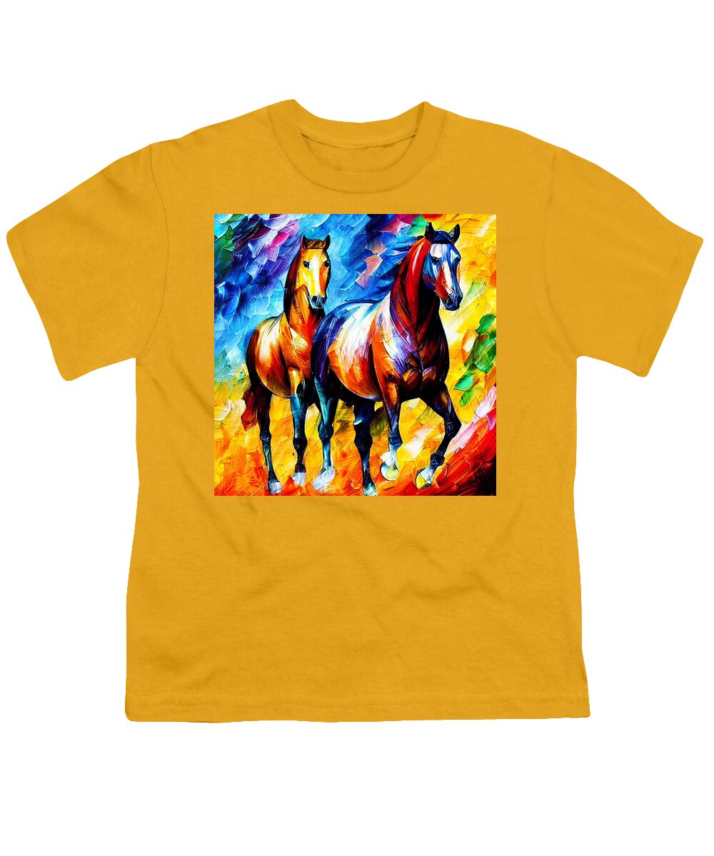 Horse Walking Youth T-Shirt featuring the digital art Colorful horses walking - digital painting by Nicko Prints