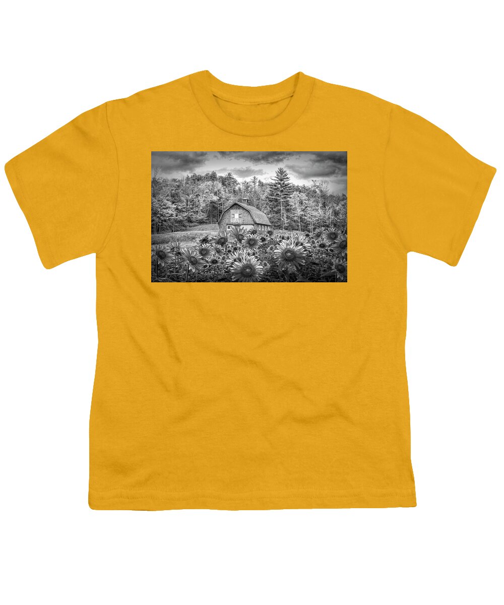 Barn Youth T-Shirt featuring the photograph Early Autumn Sunflowers in Black and White by Debra and Dave Vanderlaan