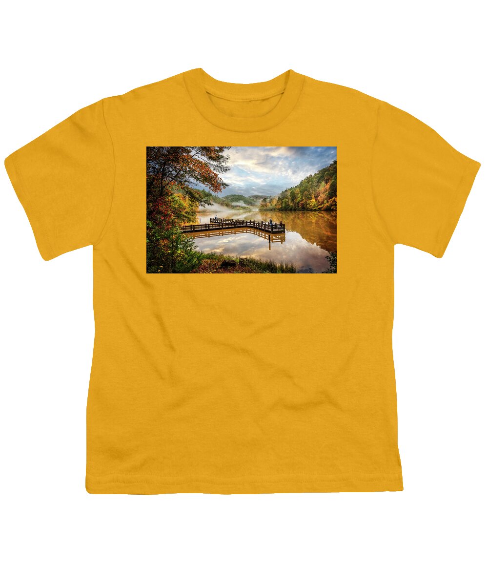 Carolina Youth T-Shirt featuring the photograph Fishing in Autumn Colors at the Lake by Debra and Dave Vanderlaan