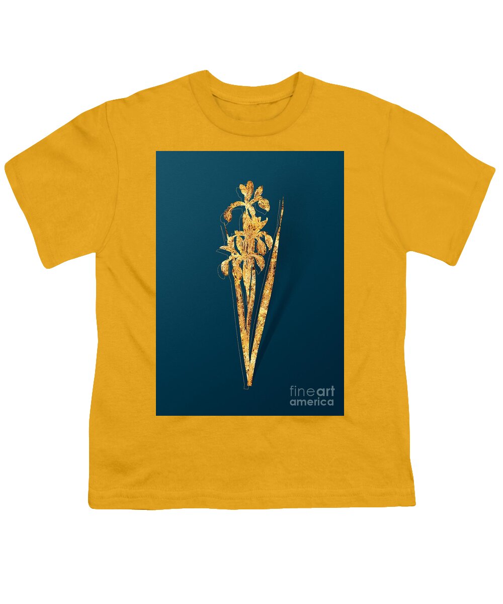 Vintage Youth T-Shirt featuring the mixed media Gold Blue Iris Botanical Illustration on Teal by Holy Rock Design