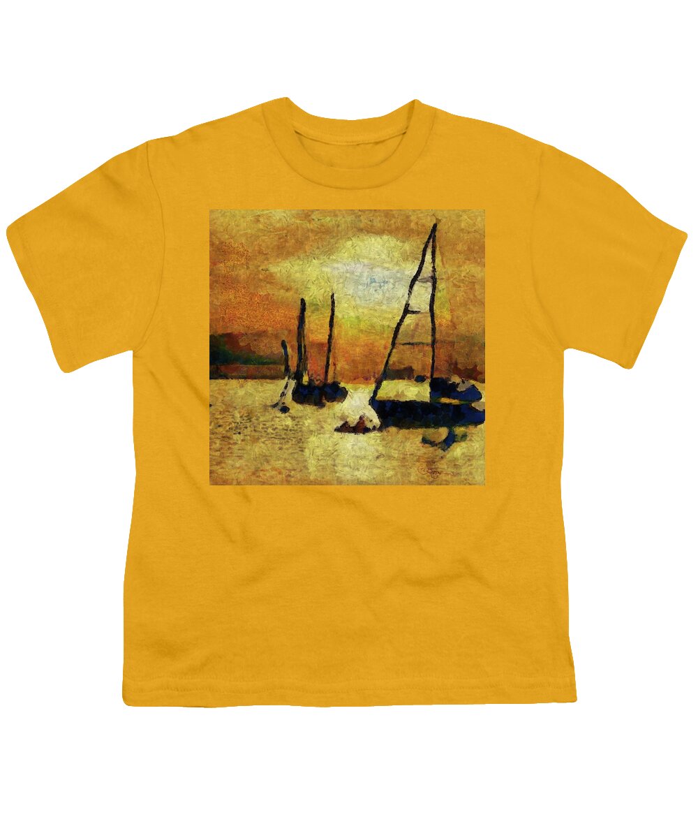 Sailboats Youth T-Shirt featuring the painting Golden sunset sailboats at ocean marina with waves and surf sailing captain of boats in the sunset by MendyZ