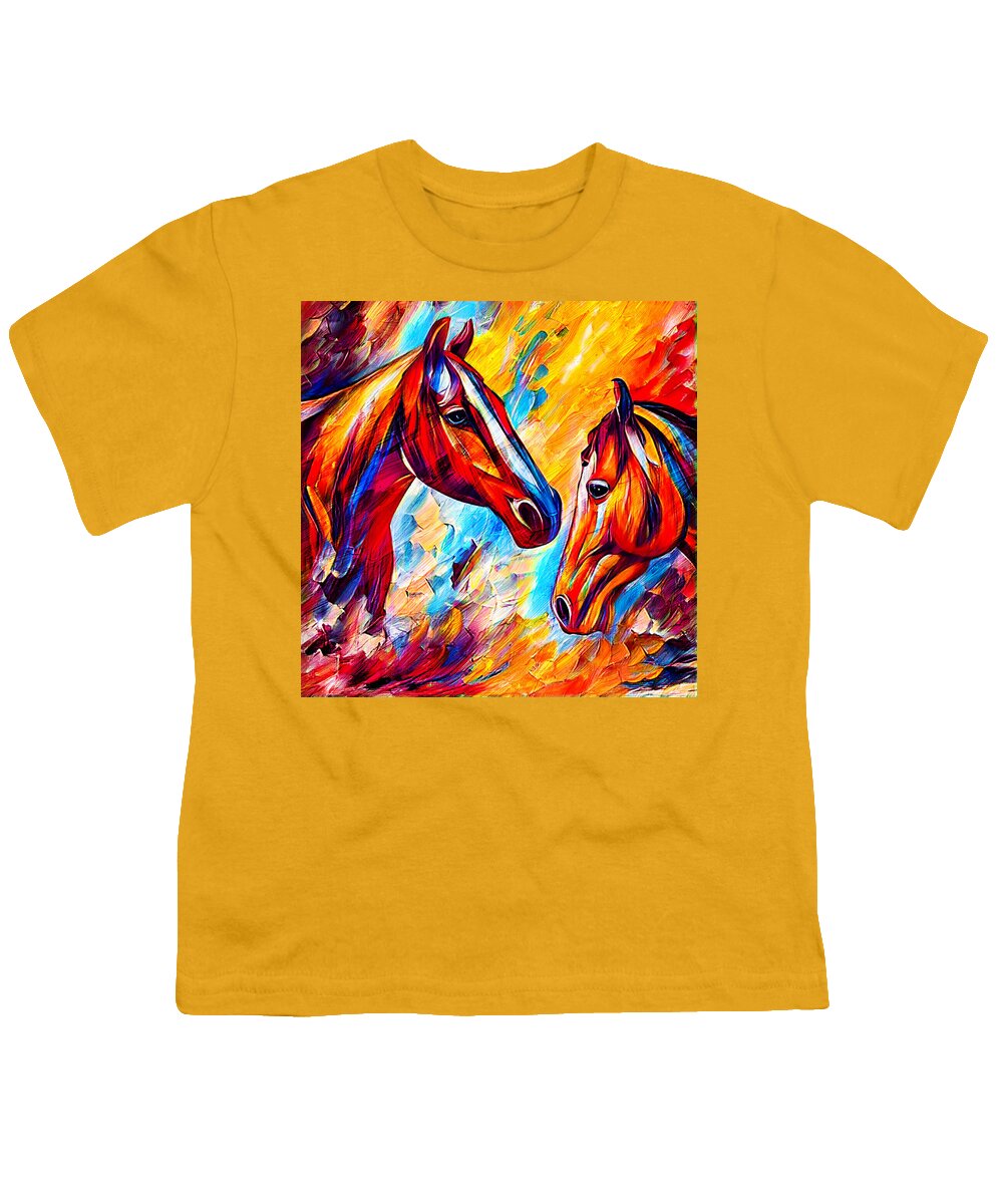 Horse Youth T-Shirt featuring the digital art Horses watching each other - colorful dark orange, red and cyan portrait by Nicko Prints